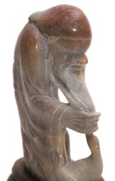 Carved Soapstone Statue Of Wise Man With Long Beard & Duck On Wooden Base
