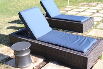 Two Fortunoff Outdoor Woven Wicker Lounge Chairs, Blue Seat Cushions & Ceramic Drum Table.