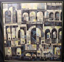 Large, Magns Engstrom Signed O/ C Cubist Mid-century Regional Expressionist Cityscape Perspective Painting