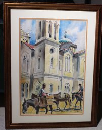 Watercolor Painting Of Large Church Building And Boys On Donkeys.