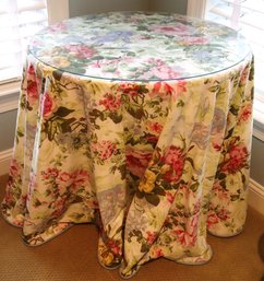 Wood Table With Custom Made Floral Tablecloth & Protective Glass Top