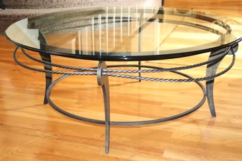 Elegant Round Ethan Allen Metal & Glass Coffee Table With An Ornate Wrought Iron Base & Beveled Edge Glass