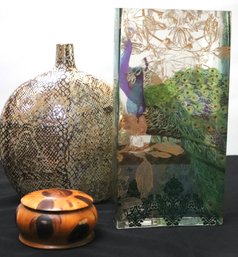 Decorative Collection Includes A Peacock Rectangular Glass Vase