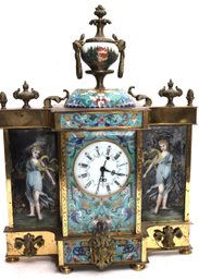 European Style Enameled Brass Clock With Hand Painted Maidens & Ornate Details