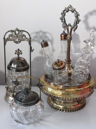 Antique Victorian Era Cruet Set And  2 Pickle Jars