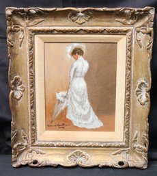 Valera Montero, Paris, Signed O/C Painting Of 1900s Era Elegantly Dressed Lady In White With Plumed Hat