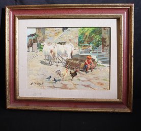 Signed Painting On Board Of Street Scene With Cobblestone House & Oxen With Wagon.