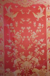 Gorgeous Red & Gold Silk Fabric With Birds Of Paradise & Exotic Trees In Gilt Wood Frame