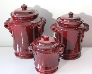 Three-piece Canister Set By Wild Olive Co In Maroon Glazed Ceramic