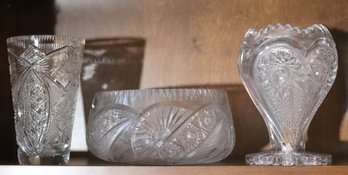 Very Pretty Decorative Items With 3 Cut Crystal & Glass Highly Etched Vases & Bowl