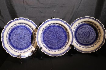 3 Hand Painted Blue And White Wall Plates From Poland With Wavy Border.