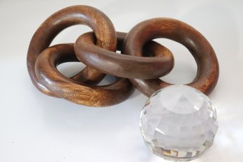 Modern Faceted Glass Paperweight And  Decorative Wood Chain Links