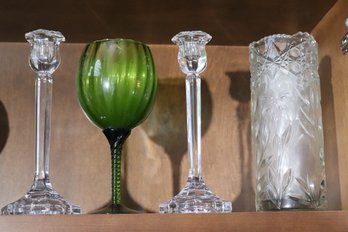 Fluted Glass Candlesticks, Cut Glass Vase & Tall Green Goblet