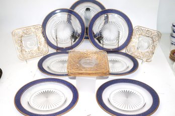 Collection Of 7 Dinner Plates With Blue Border Includes A Set Of 6 Dessert Plates With A Gold Tone Swirl