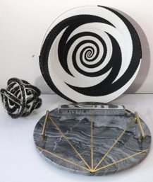 Grey Marble Cheese Platter With Brass Inlay, Woven Basket & Art Glass Pretzel