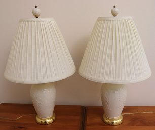 Pair Of White Embossed Lenox Lamps With Finals And Pleated Shades