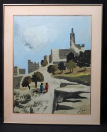 Vintage M. Zilberman Signed Framed Artwork Of An Ancient Walled City With A Watchtower