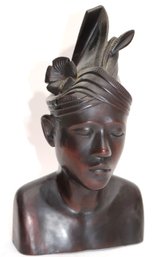 Handsome Hand Carved Wood Figure Of Balinese Young Man With Headdress