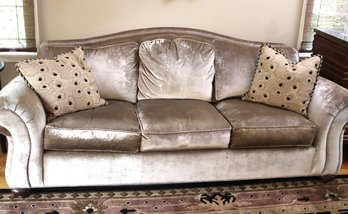 Stylish Taupe Ethan Allen Velvet Sofa With Rolled Arms In A Taupe Tone.