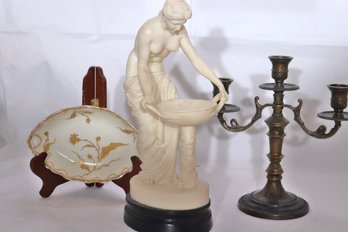 Goddess Of Family/Home Resin Sculpture, Ornate Candelabra And Hand Painted Limoges Tray