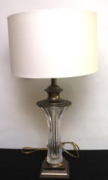 Stylish Cut Lead Crystal Table Lamp With A Brushed Steel Like Finish & Round Drum Shade