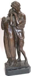Vintage Neoclassical Style Bronze Sculpture Of Young Lovers In Embrace Signed On Base