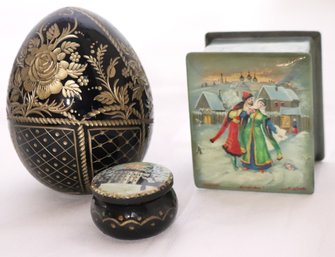 Little Hand Painted Wood Lacquered Trinket Box And Etched Russian Egg