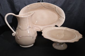 Juliska Berry And Thread Tall Pitcher, Serving Platter And Footed Cookie Plate, In Cappuccino Brown.