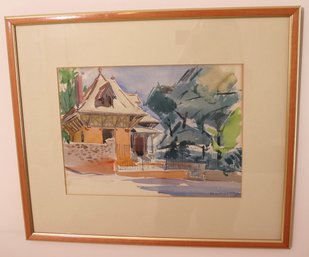 Post Impressionist Style Signed Watercolor Painting Of A Tropical House And Garden.