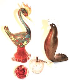 Lot Of Murano Glass Items With Parrot, Fancy Bird & 2 Apples