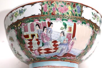 Large Decorative Hand Painted Rose Medallion Style Bowl With Flowers & Maidens Having Red Chinese Stamp On