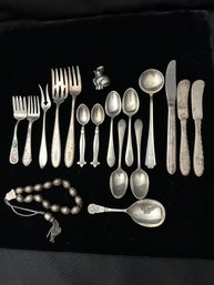 ASSORTMENT OF 18 SMALL STERLING  SILVERWARE PCS PLUS RABBIT PENDANT AND SILVER BEADS