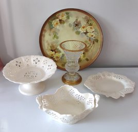 Lot Of 3 English Leeds Pottery Servings Pieces, Limoges Platter With Yellow Roses & Bronze Mounted Crystal