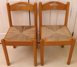 Pair Of Light Wood Chairs With Twine Seats, Made In Italy.