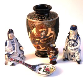 Satsuma Vase With Cobalt Blue Background, Asian Figurines & Beautiful Hand Painted Spoon