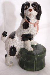 Cute Staffordshire Ceramic Dog Figurine Perched On Ottoman