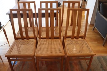 Set Of 6 Stylish Dining Chairs With Cane Seats And Slatted Curved Backs.