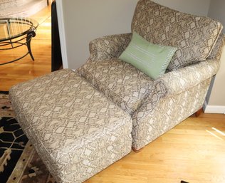 Stylish Ethan Allen Armchair With Matching Ottoman, Reupholstered In Modern Snake Skin Style Linen Fabric.