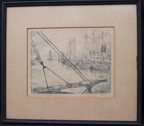 Signed Leon Dolice Print/ Engraving The East River NYC WPA Era, With Sailboats.