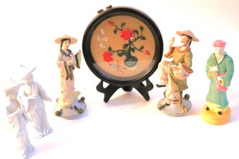 Asian Style Figurines With Occupied Japan & Chinese Jade Wall Hanging