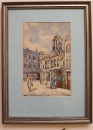 Signed Watercolor Painting, Dated 1942 Of European Street With People.