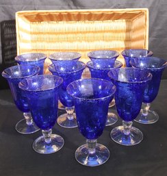 Set Of 11 Hand Blown Blue Wine Glasses With Wicker Basket.