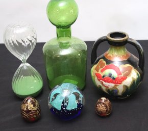 Collection Of Assorted Glass Home Decor Includes Sands Of Time, Decanter, Paperweight & Russian Glass Eggs