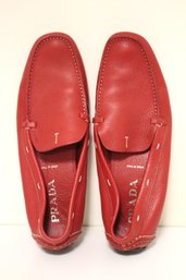 Red Prada Leather Slippers Made In Italy Size 41, Very Comfortable With Rubber Soles!