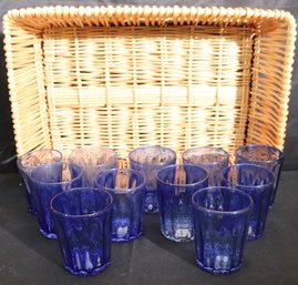 Lot Of 11 Blue Ribbed Glasses 4 T In Wicker Basket.