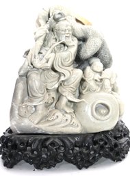 Large Carved Marble Statue Of Chinese Wise Man With Fish On Carved Wood Base