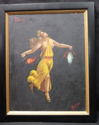 Signed Vintage Painting On Canvas Of A Maiden In The Style Of Ancient Pompeii In A Black And Gold Frame