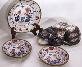 Hand Painted Chinese Cat With Floral Detailing, Hand Painted Canton Ware Ashtray Set