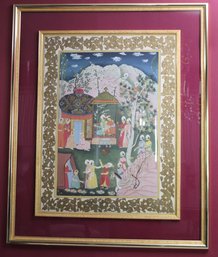 Antique Indian Fabric Painting Of Mughal Garden Scene In A Double Gold Metal Frame And Lucite.