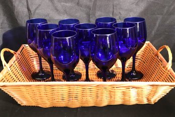 Lot Of 9 Elegant And Tall Cobalt Blue Wine Glasses